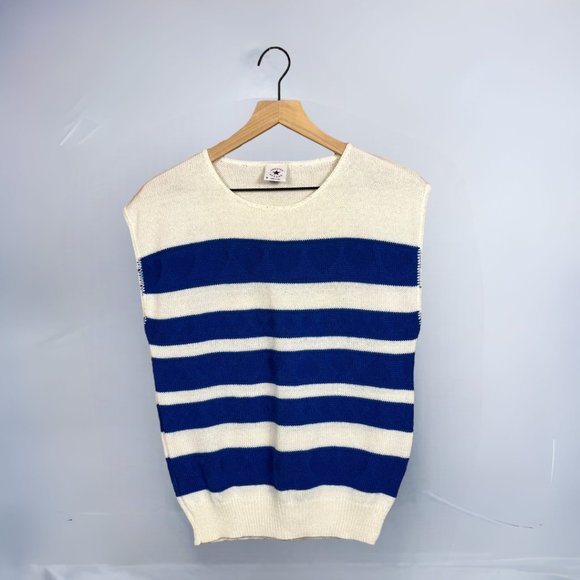 Sweater Bazaar Vintage 80s Blue & White Striped Heart Sleeveless Sweater Tee - Picture 1 of 7